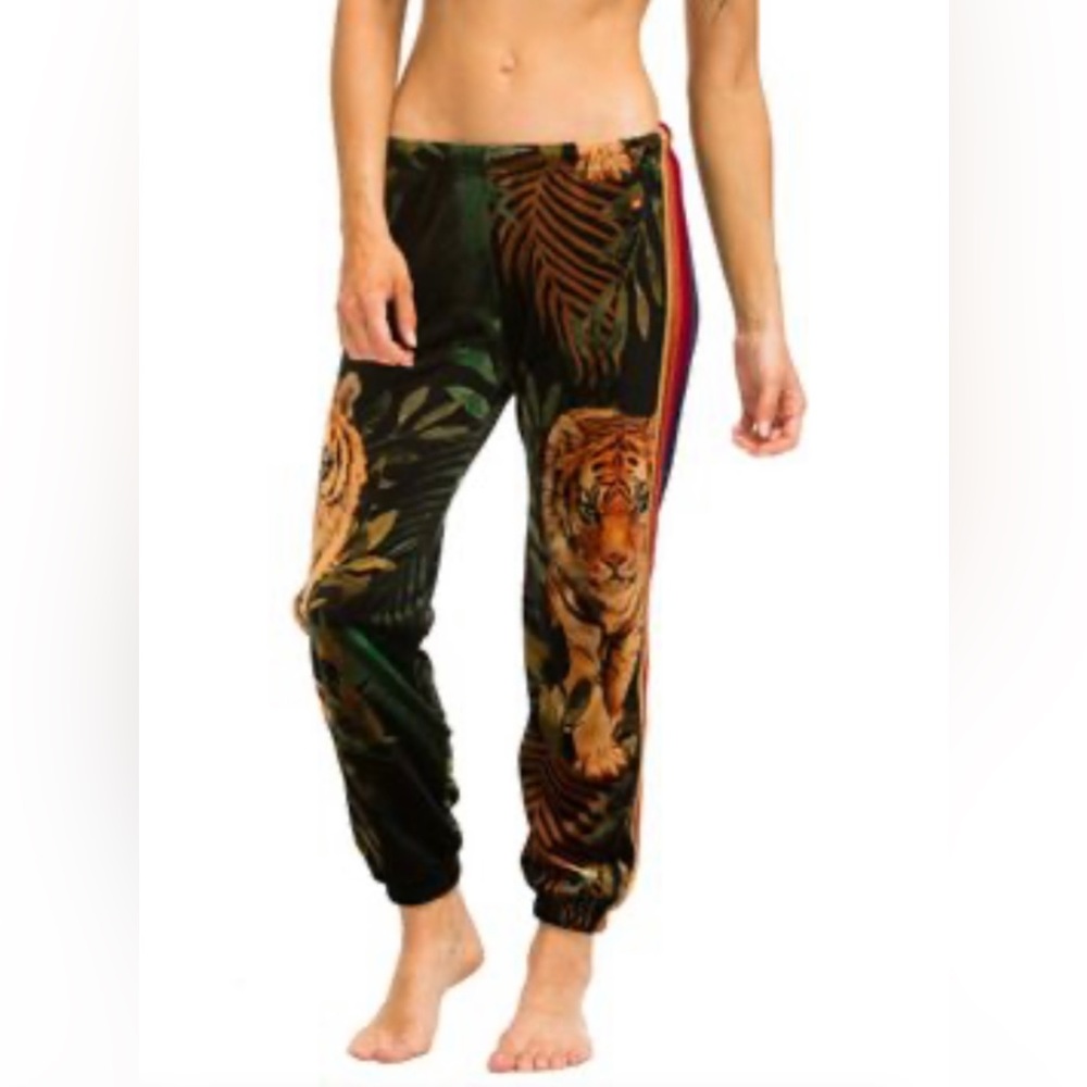 Aviator Nation Tiger with Rainbow Stripes Velour Joggers Medium